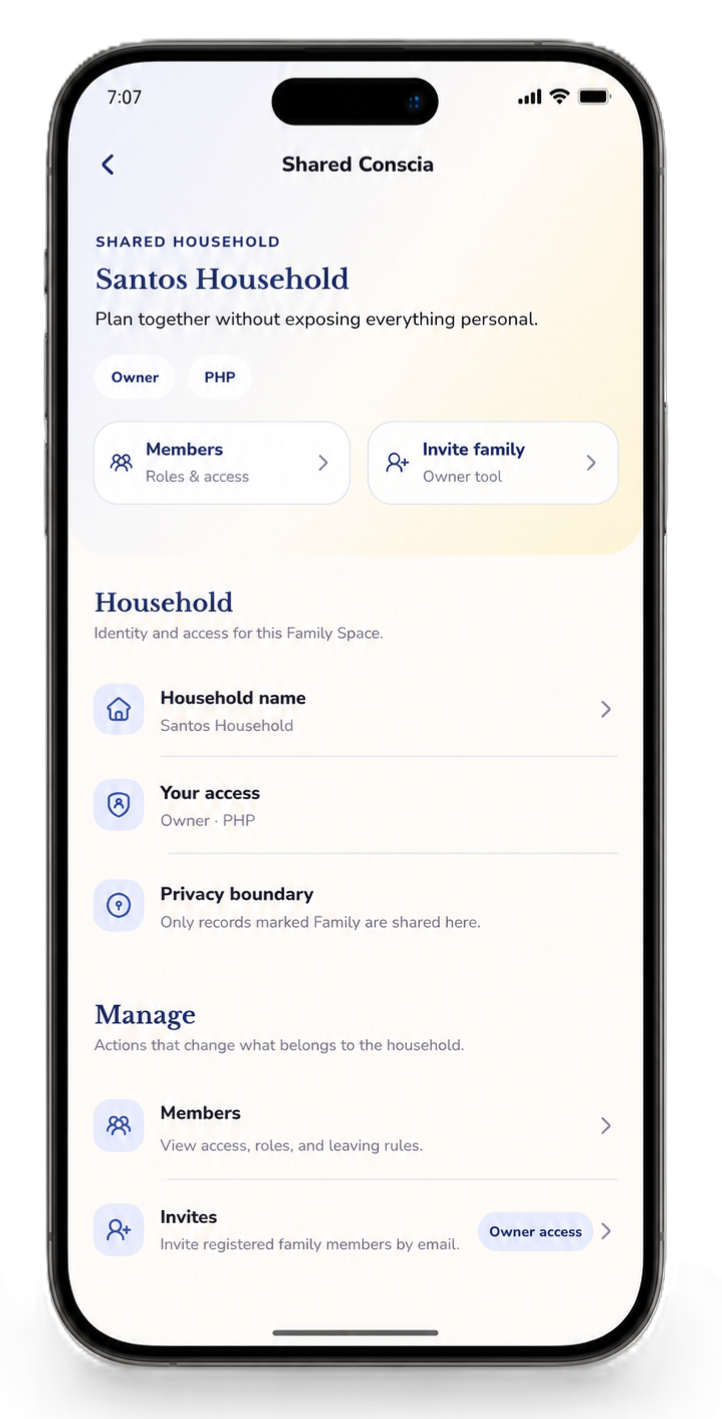 Conscia shared household screen with members and invite controls
