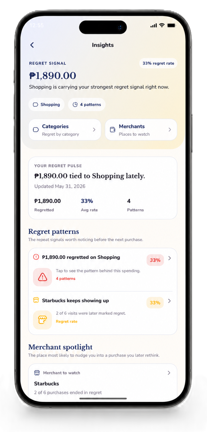 Conscia insights screen highlighting regret patterns and merchant signals