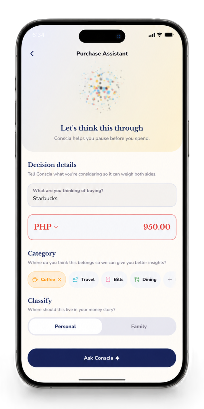 Conscia purchase assistant screen