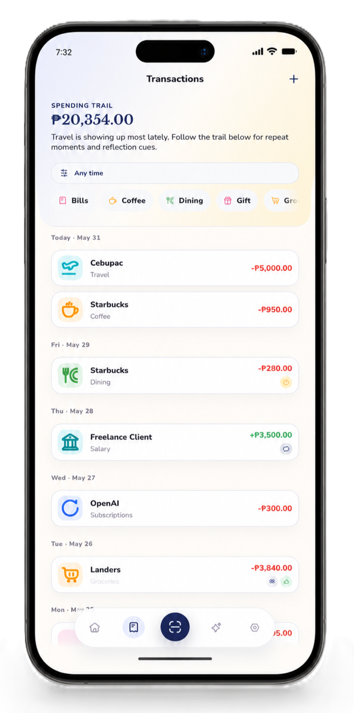 Conscia transactions screen with spending trail, date filter, and category chips